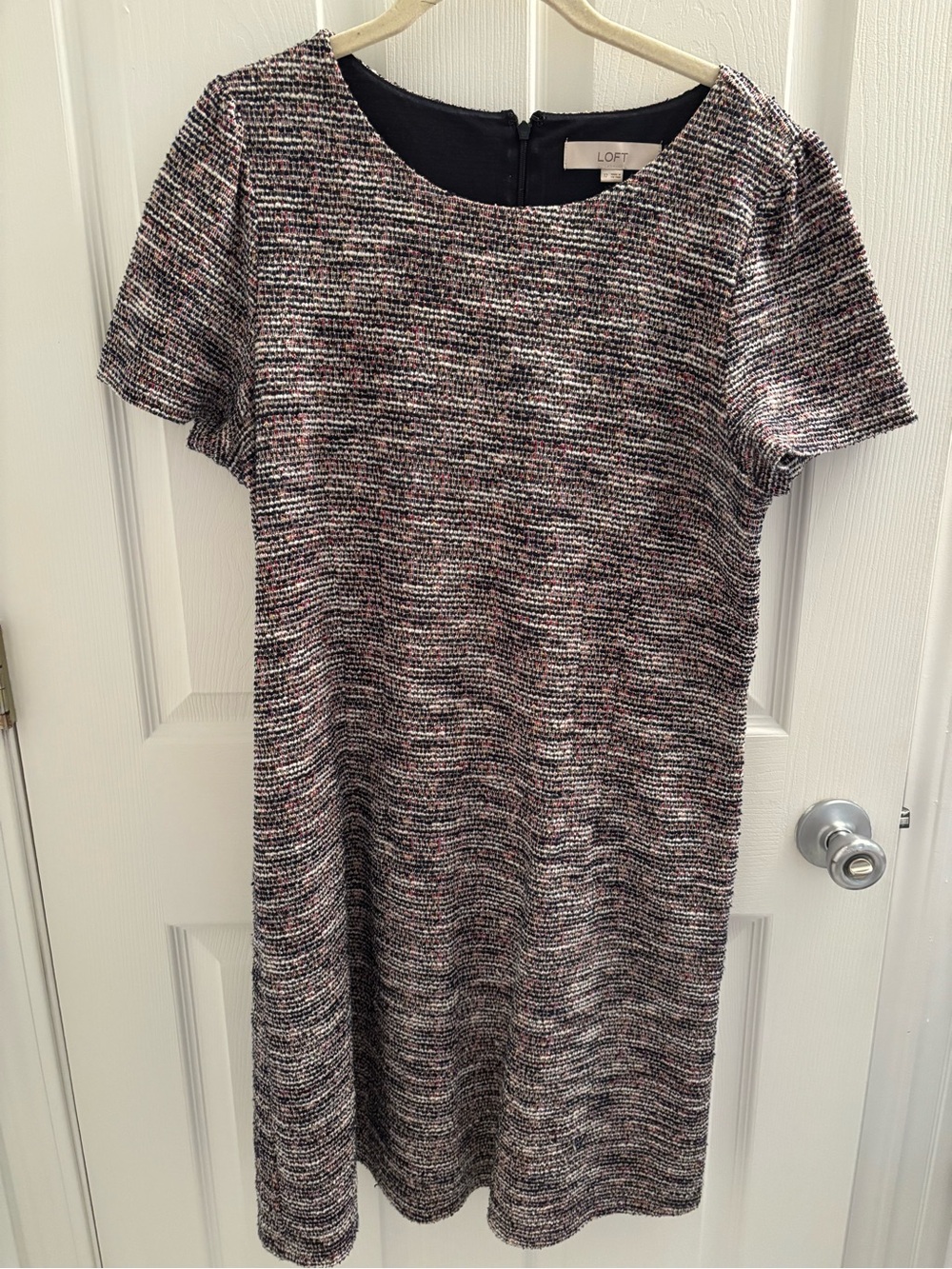 LOFT Short-Sleeve Tweed Shift Dress in Black, Pink, Cream
